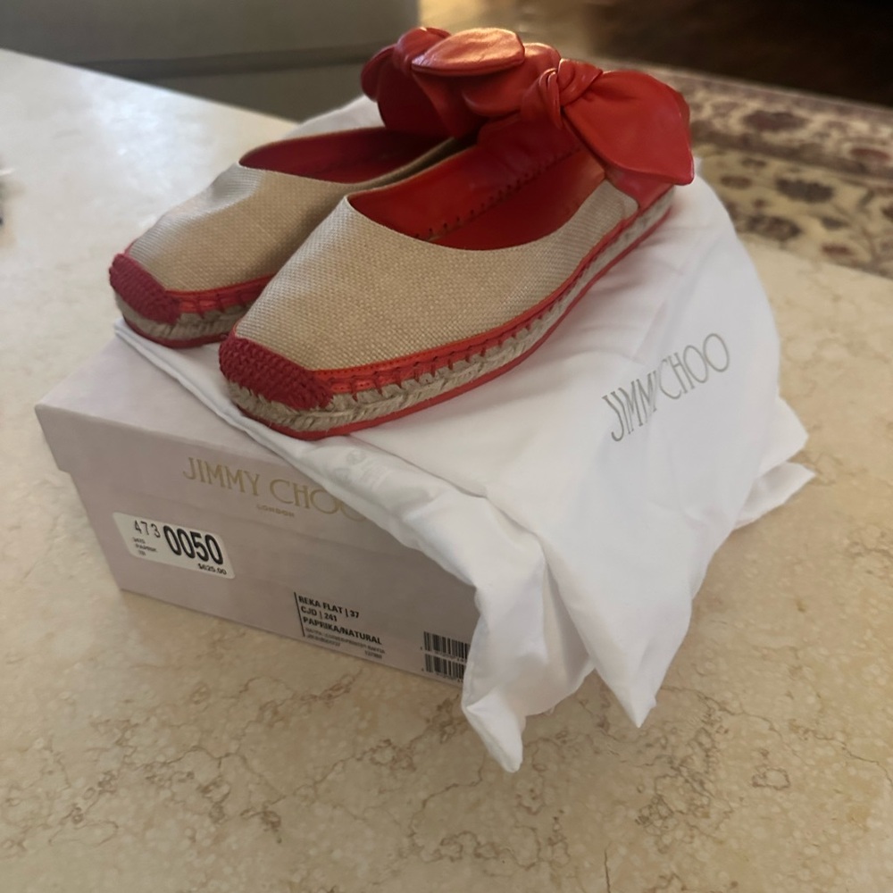 Jimmy Choo Red and Tan Espadrille Flats